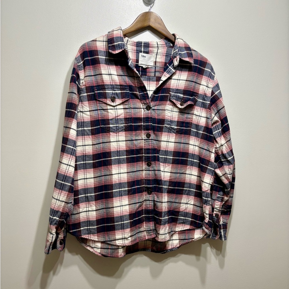Tilley Organic Cotton Comfy Plaid Flannel Button Down Relaxed Fit Shirt Top Pink